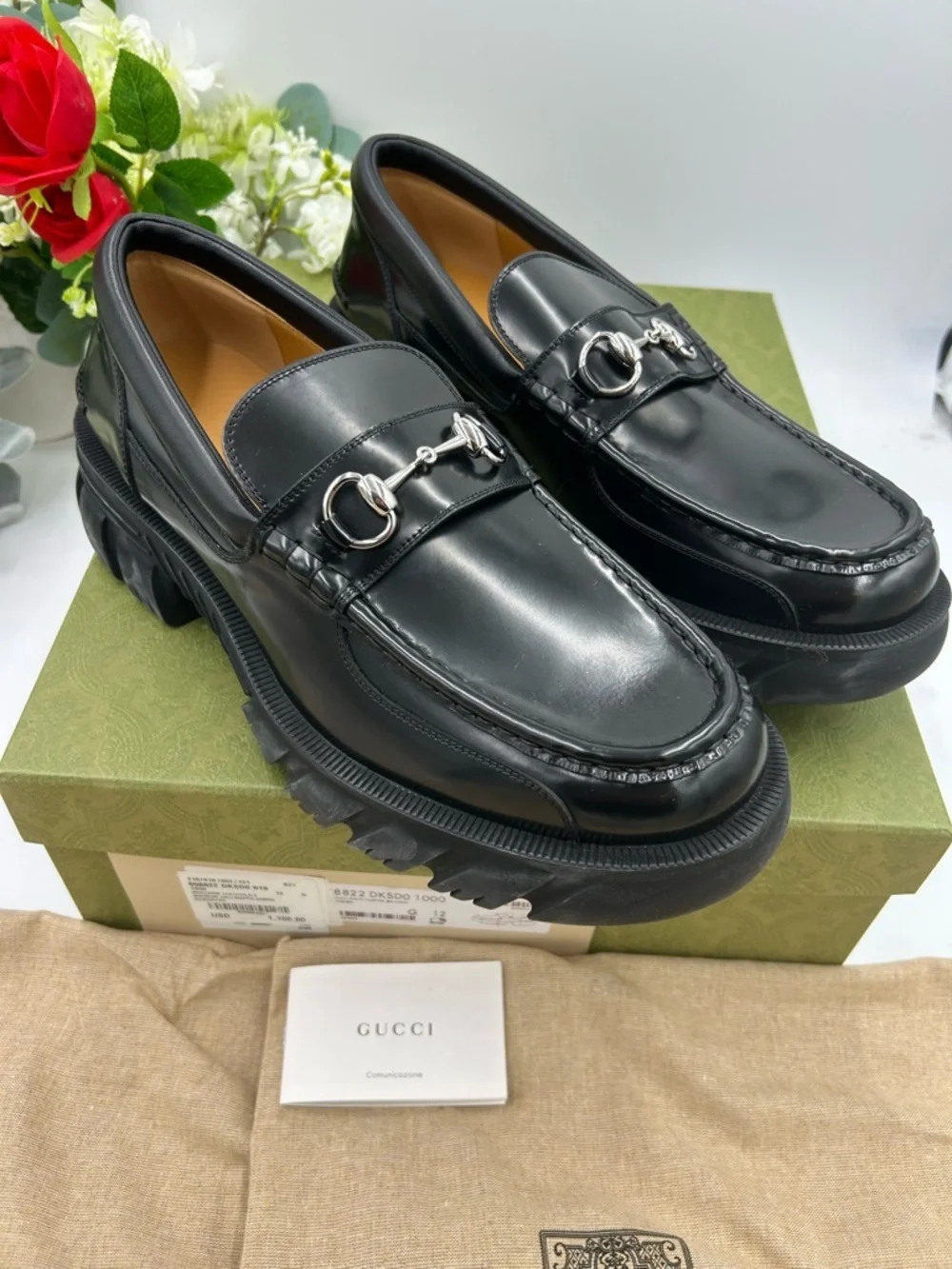 Men's Gucci, leather platform, lug sole horse bit loafers size 12 made in Italy